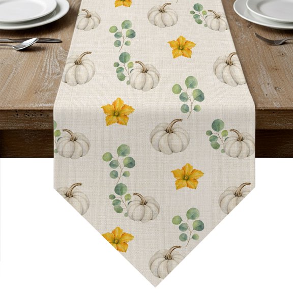 White Pumpkins Fall Table Runner Linen Burlap Table Runner 72 Inches Long Thanksgiving Eucalyptus Farmhouse Dresser Scarves for Kitchen Island Coffee Dining Room Party Holiday Decoration 16"x72"