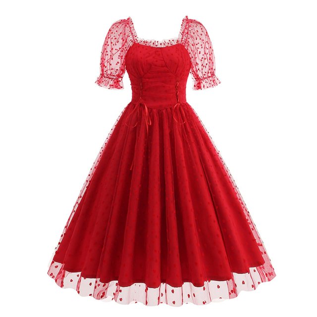 Sexy Vestido Casual para las Mujeres, Moda Polka Dot Encaje Cuello Grande Hinchado para Fiesta, Fecha Y Verano