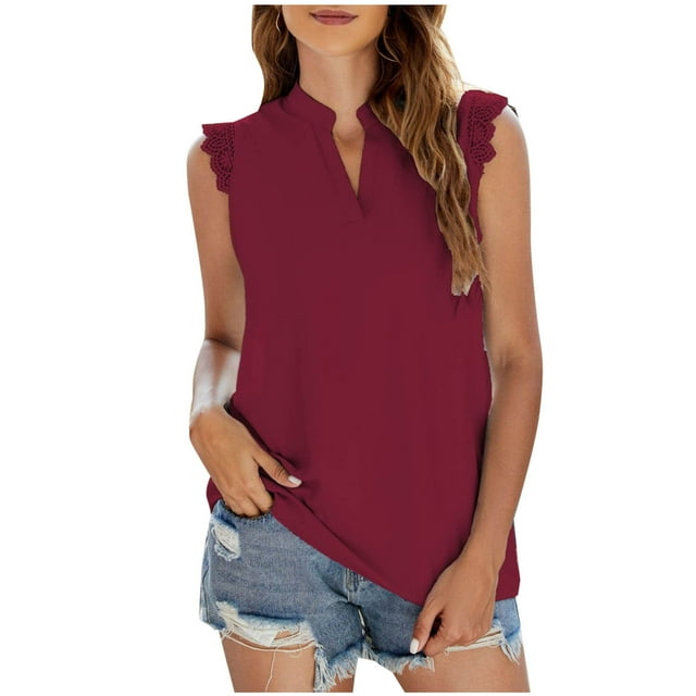 Blusas de Verano Ligeras para Mujeres, Moda Color Sólido sin Mangas Encaje Cuello en V Tanque para Ocasional Y Fiesta