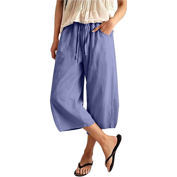 Khunlpohl Capris Pant for Womens Cotton Linen Wide Legs Drawstring Elastic Waist Capri Pants Casual Vacation Pants with Pockets