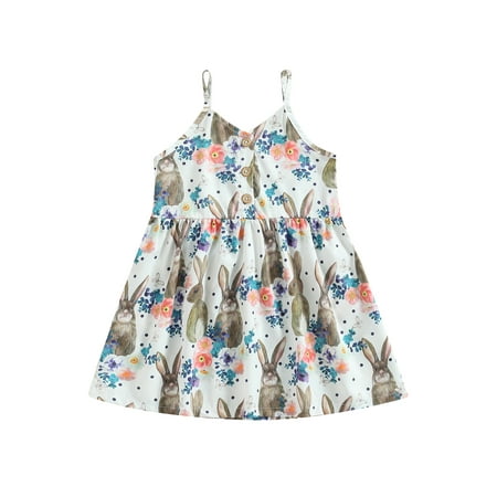 

Mioliknya Kids Girl Sleeveless V Neck Floral Rabbit Print Princess A-Lined Dress