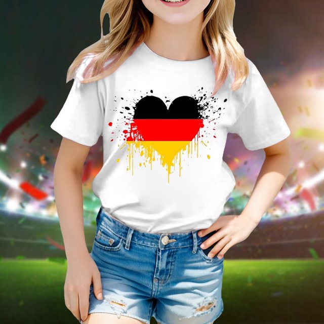 Hauts et Chemises pour Filles, T-Shirt à Manches Courtes Imprimé Drapeau Allemand, Col Rond, Tendance Mode Florale pour Petites Filles