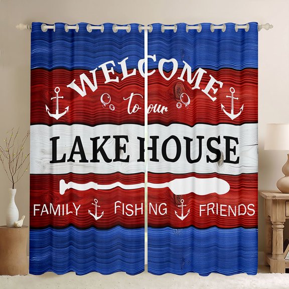 jejeloiu Happy Lake House Curtains Pack of 2 (42x84 Each),Red Blue Gray Curtains Blackout For Boys Teens