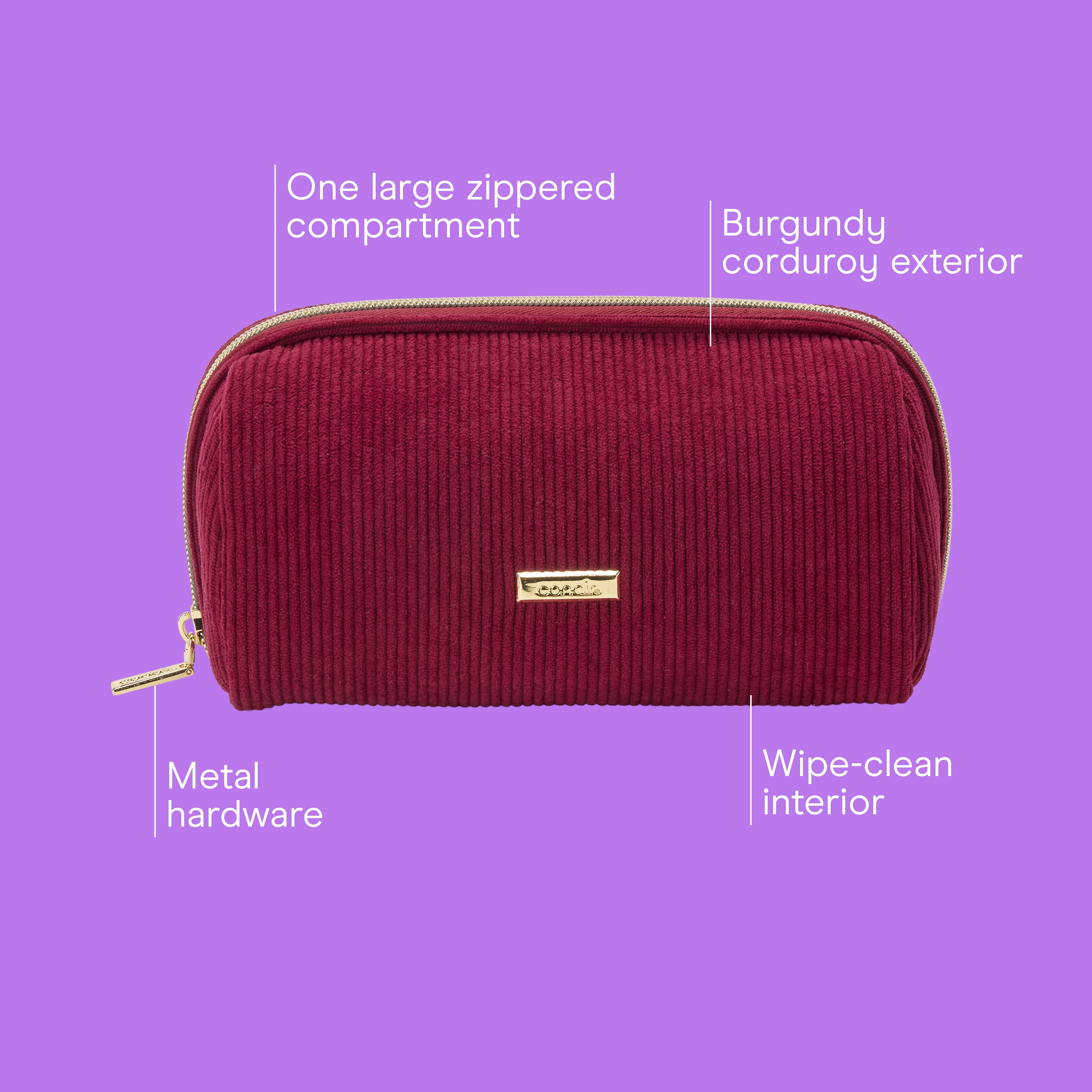 Conair Burgundy Cord Pencil Case, Compact Beauty Organizer with Metal Hardware, 1 Count