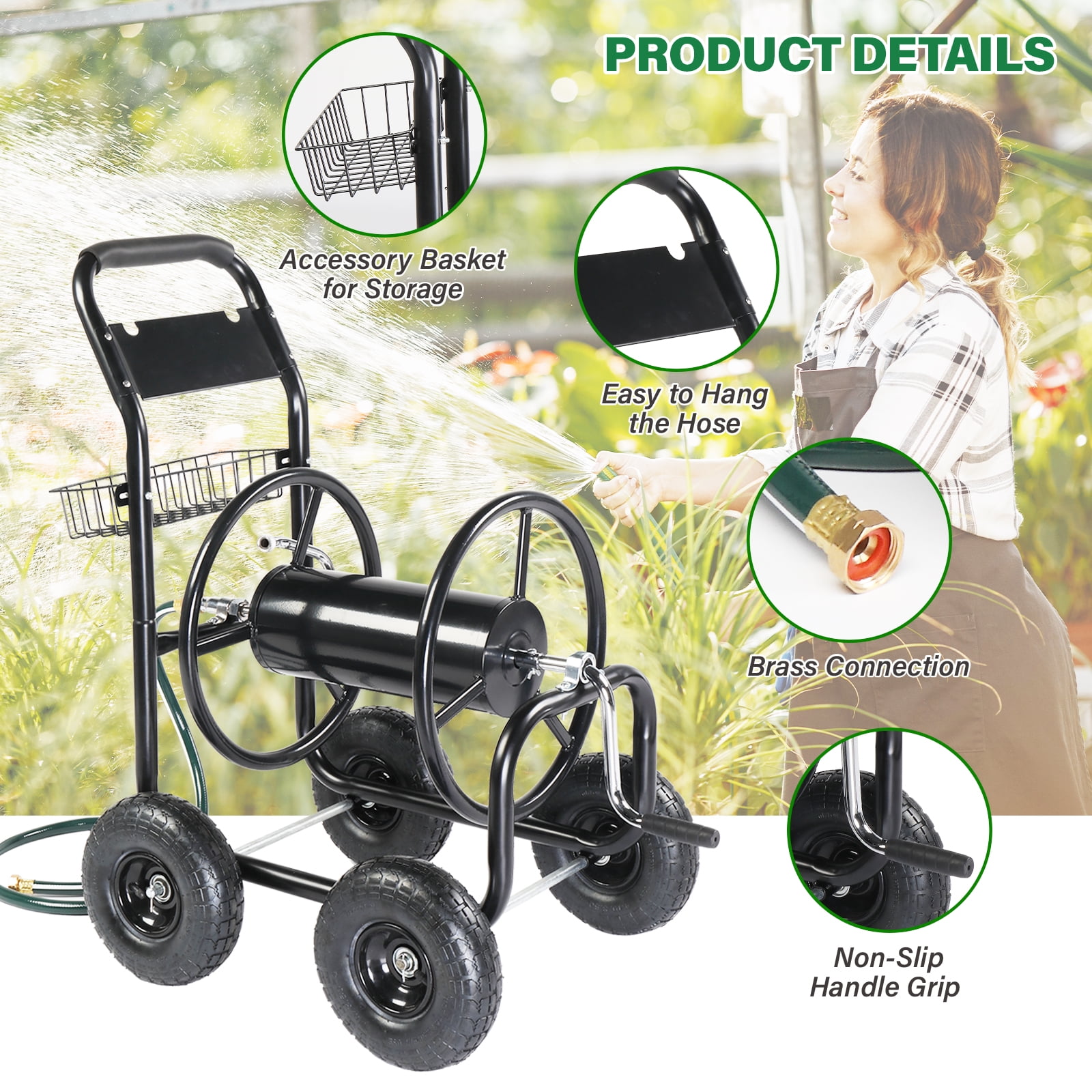 UBesGoo Iron Four Wheel Pipe Truck Garden Water Hose Reel Car w/ Dark Green Hose, Black