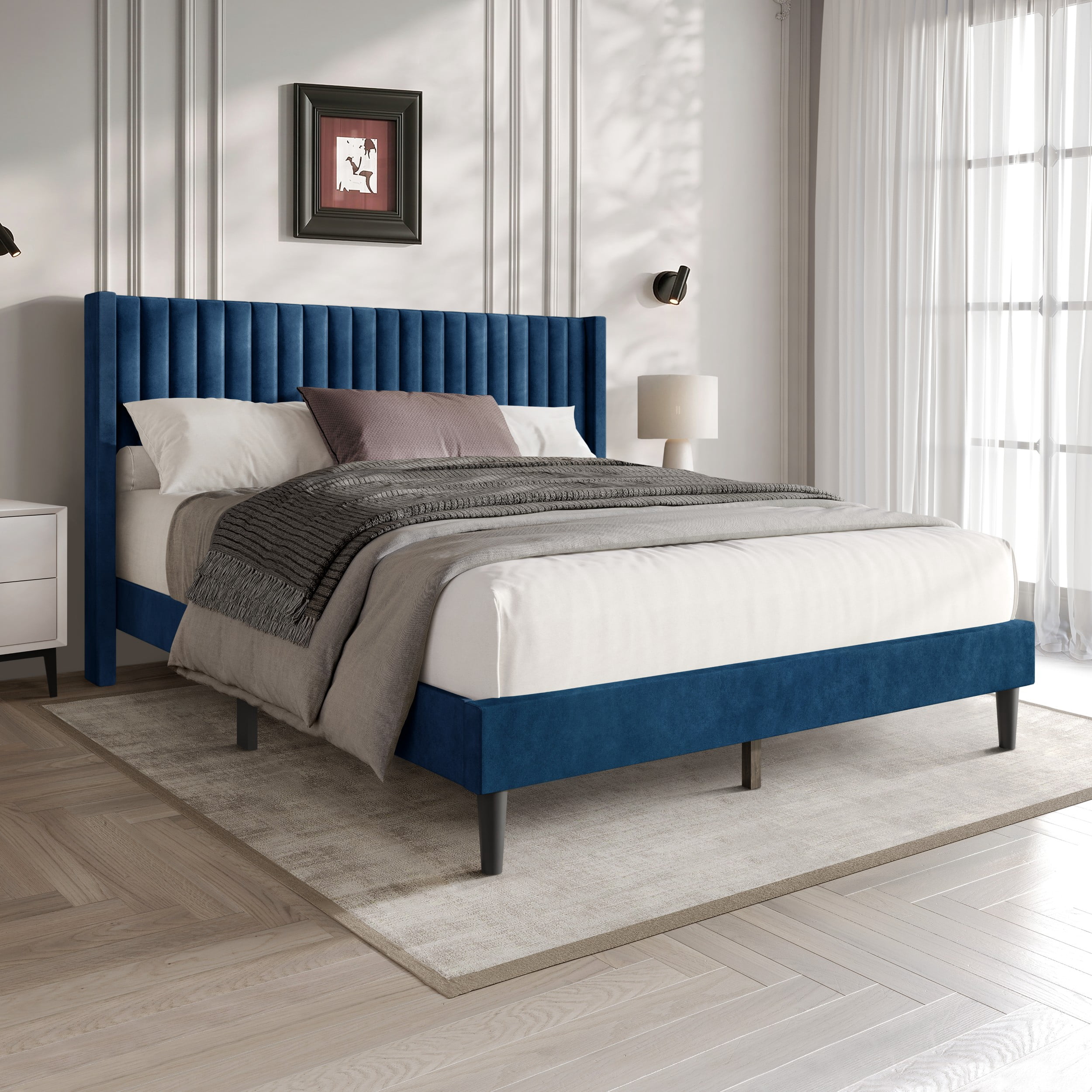 Favorer Montrose Upholstered Wingback Bed, Channel Tufted Headboard, Platform Design