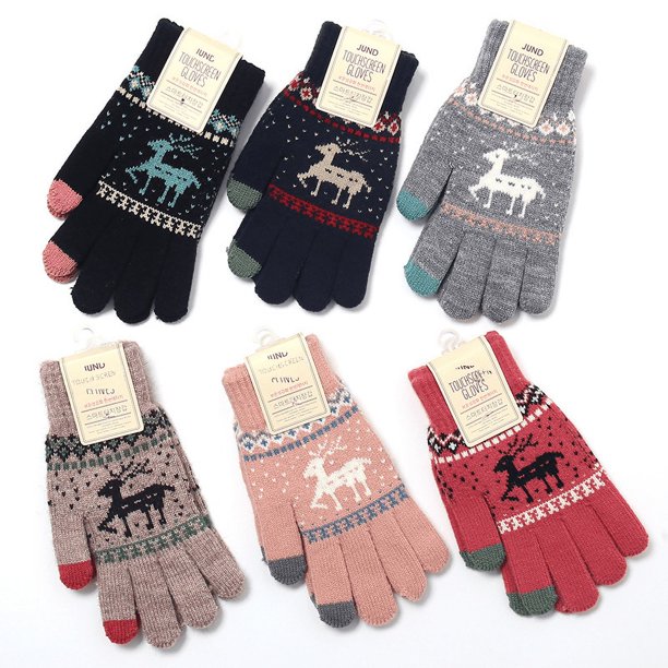 Guantes de punto con pantalla táctil para mujer, estilo de invierno, de terciopelo grueso, resistentes al frío, de lana color cervatillo, cálidos