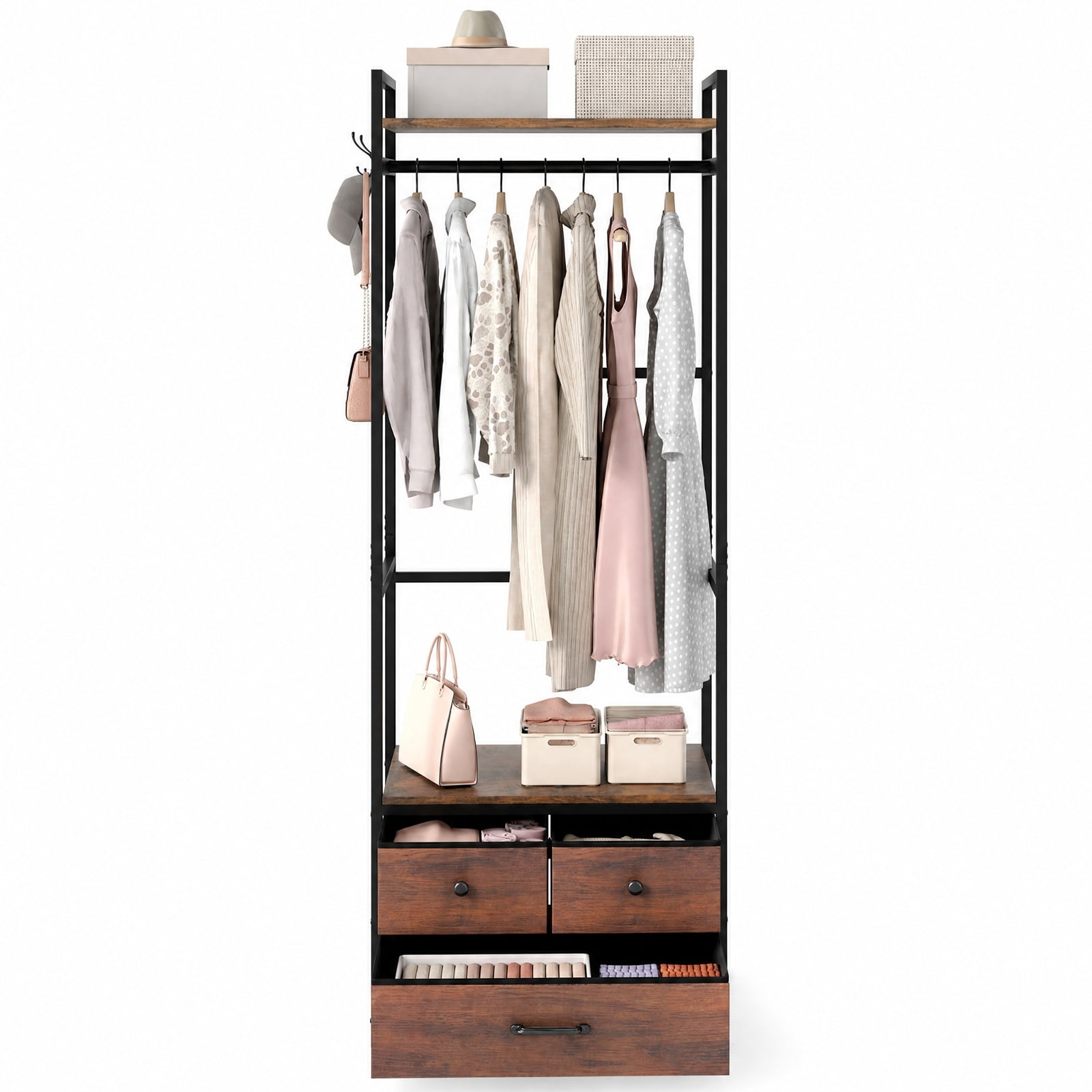 Furnibear Heavy Duty Metal Clothes Rack with 3 Fabric Drawers Top Shelf Hanging Rod and Side Hooks Industrial Garment Rack for Bedroom, Rustic Brown