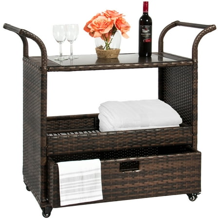 Best Choice Products Outdoor Patio Wicker Serving Bar Cart with Locking Wheels, Glass Table Top, and Pullout Drawer,