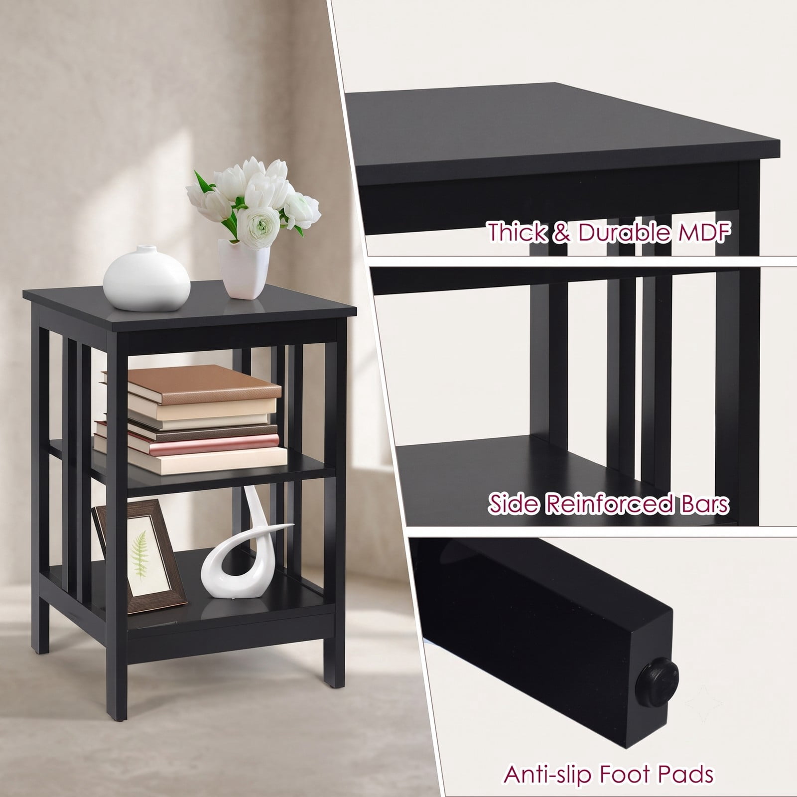 Furnibear 3-Tier Nightstand Sofa Side Table, Narrow End Table with Baffles and Round Corners, Open Storage Shelf Bedside Table for Bedroom Living Room Entryway, Black