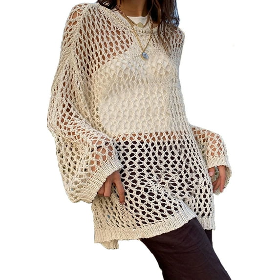 Douhoow Women Hollow Out Knit Pullover Vintage Loose Crew-neck Top Smock Sweater Knitwear