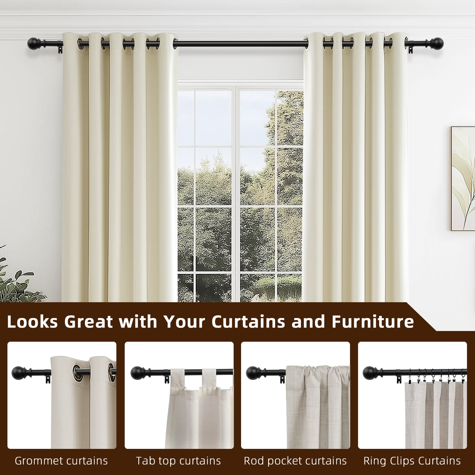 1" Adjustable Curtain Rod, 32"-120" Heavy Duty Black Curtain Rod with Classic Ball Finials,Ceiling Mounted Indoor/Outdoor Curtain Rods