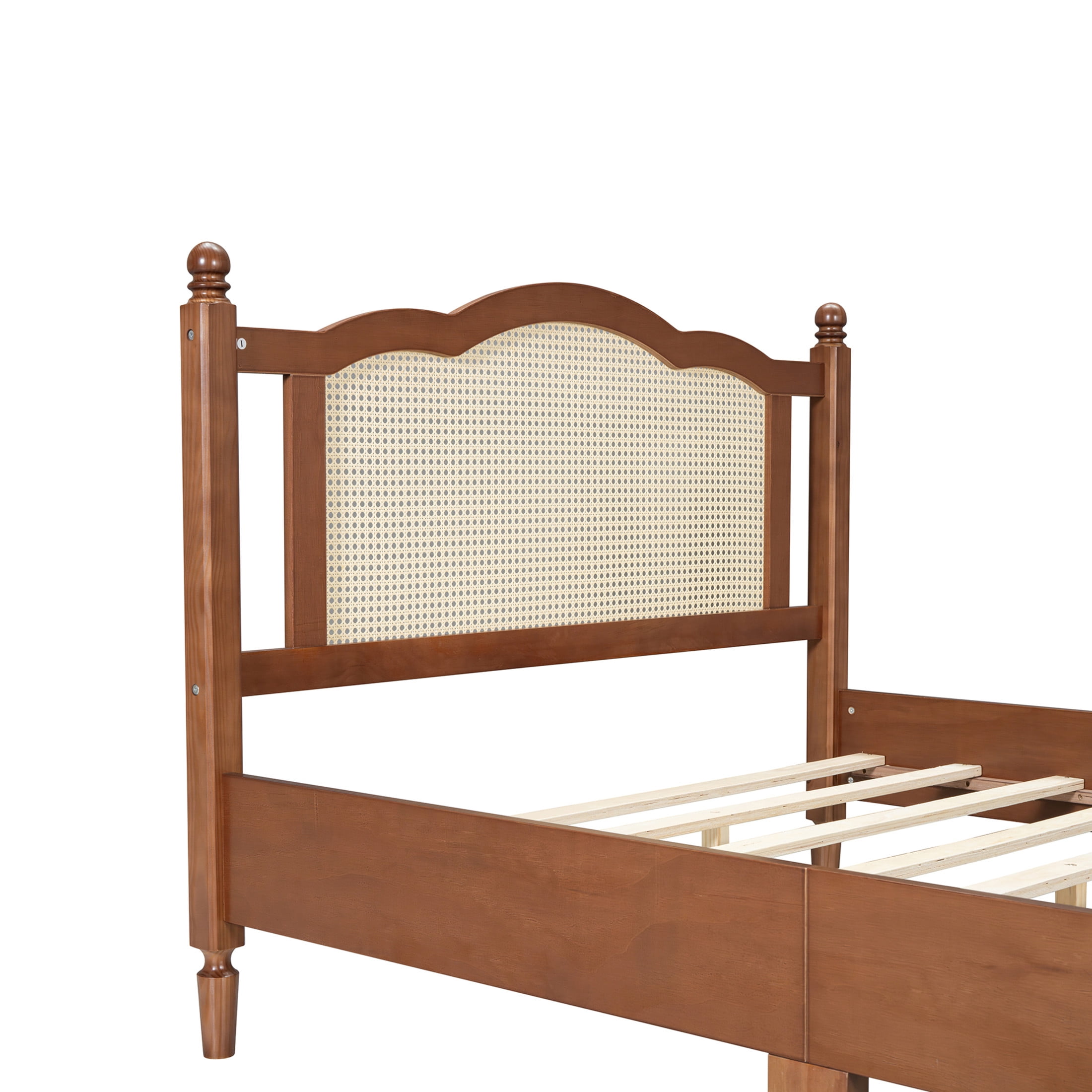 Noble House Full Size Wooden Platform Bed with Natural Rattan Headboard,Wooden Slat Support,Walnut