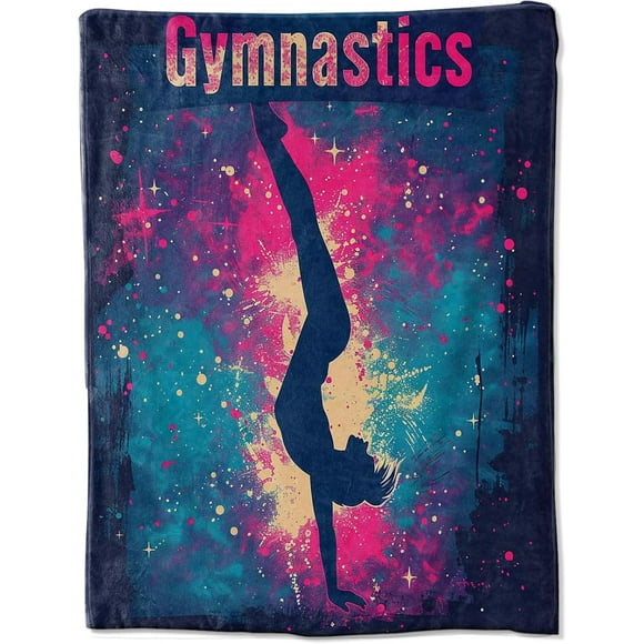 Colorful Gymnastics Flannel Blanket: Inch Vibrant Gymnast Silhouette Design on a Splatter Paint Background Perfect for Adding a Dynamic and Cheerful Touch to Your Cozy Space 50"x60"