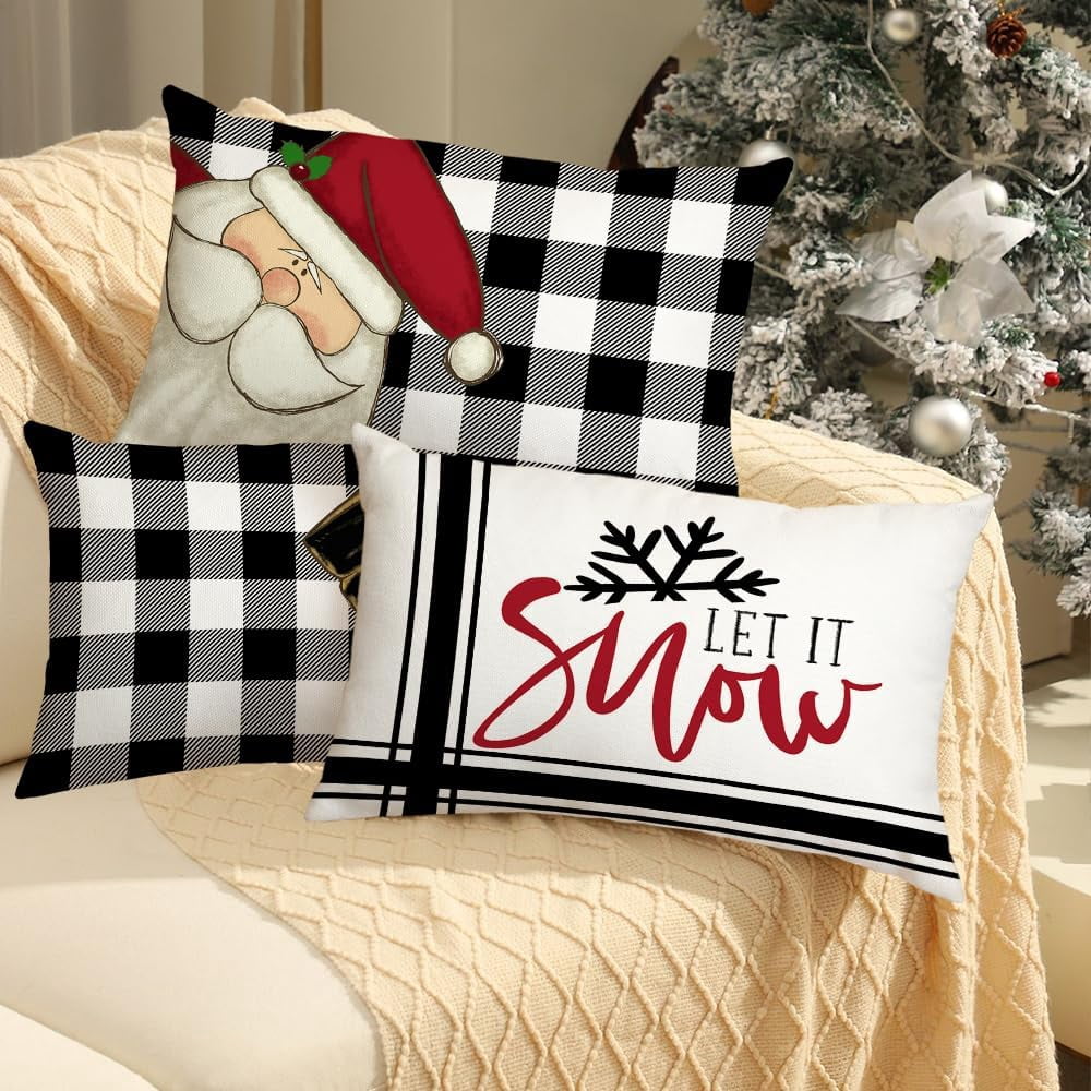 Christmas Decorative Pillow Covers 12 x 20 Inch Set of 4, Buffalo Plaid Santa Claus Snowman Let it Snow Holiday Farmhouse Cushion Cases Xmas Decoration for Home Party Sofa Couch GA436-12