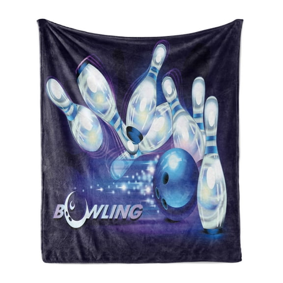 Bowling Party Soft Flannel Fleece Throw Blanket, Fantasy Design Vibrant Ball and Scattered Pins with Crescent Moon, Cozy Plush for Indoor and Outdoor Use, 60" x 80", Indigo White Blue, by Ambesonne