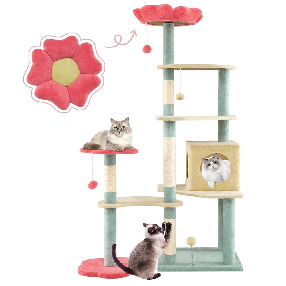 Resenkos 61-Inch Tall Floral Cat Tree Tower with Flower-Shaped Padded Perches, Multicolor