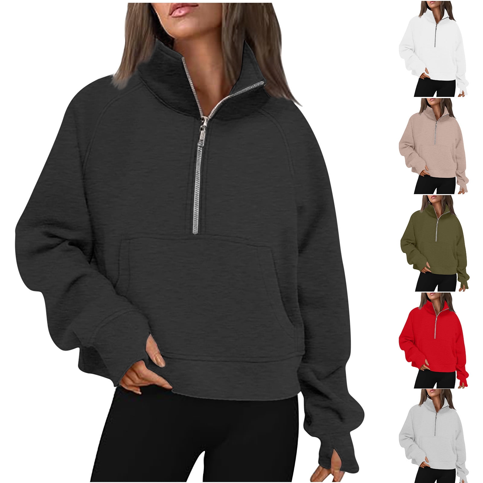 Womens Sweatshirts No Hood Half Zip Cropped Finger Hole