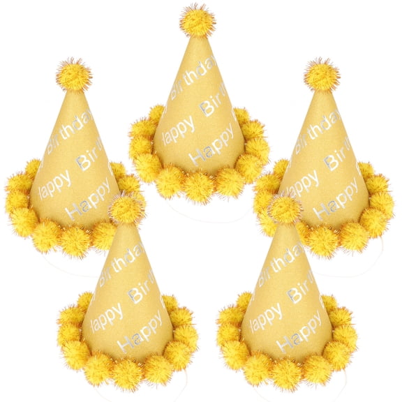 Luxshiny 5Pcs Reusable Birthday Crown Hats for Family Gathering in Golden Paper and Pom Poms