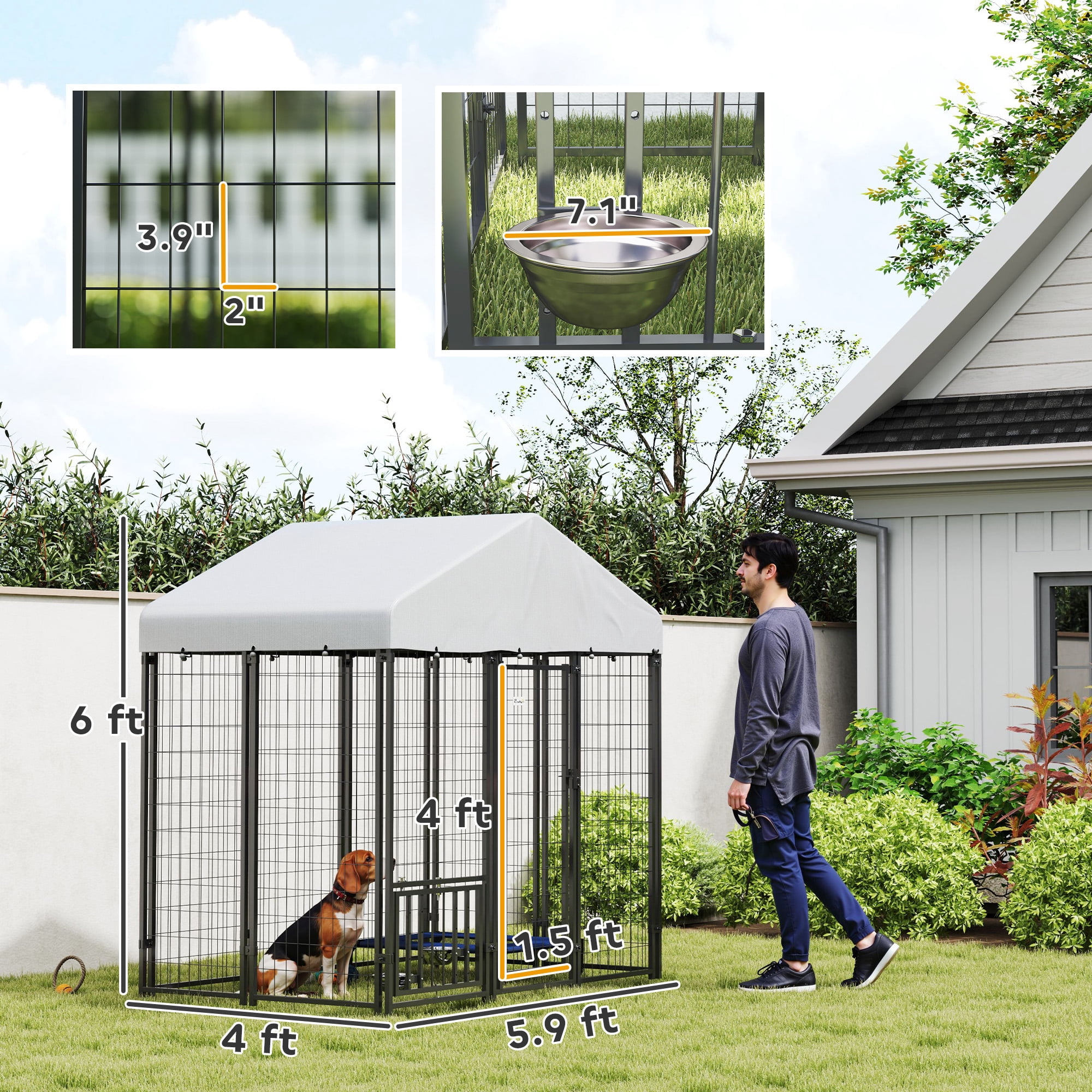 PawHut Outdoor Dog Kennel with Roof, 5.9' x 4' x 6' Heavy Duty Welded Wire Dog Playpen Fence with Rotating & 4-Level Adjustable Feeding Bowls