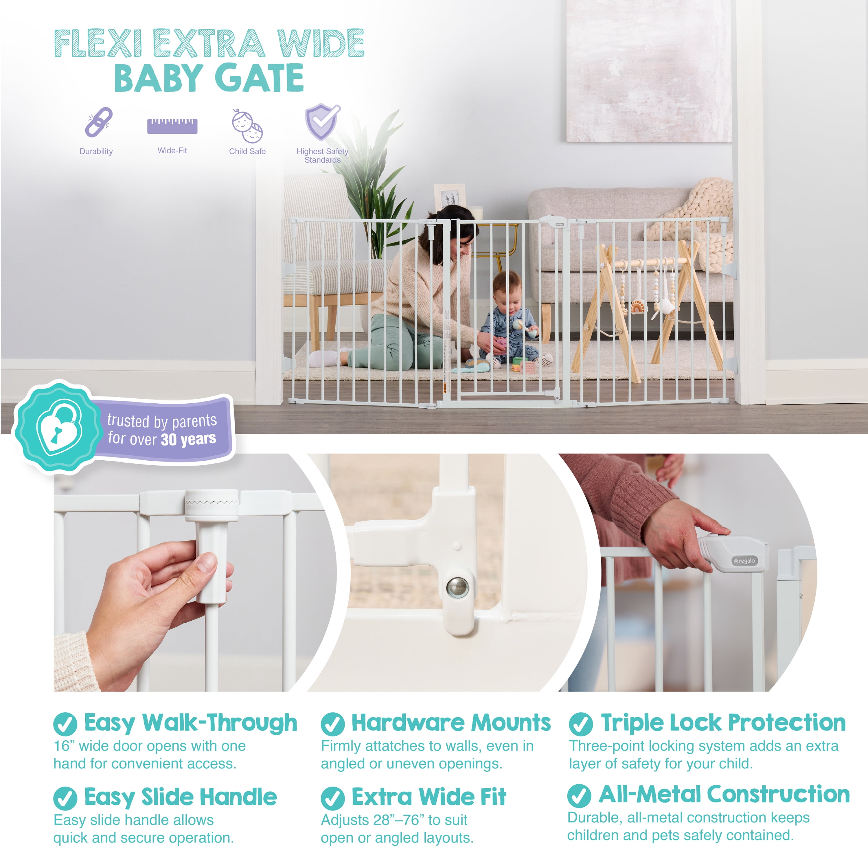 Regalo 76 Inch Super Wide Baby Gate, 3-Panel Baby Safety Gate, Configurable, Age Group 6 to 24 Months