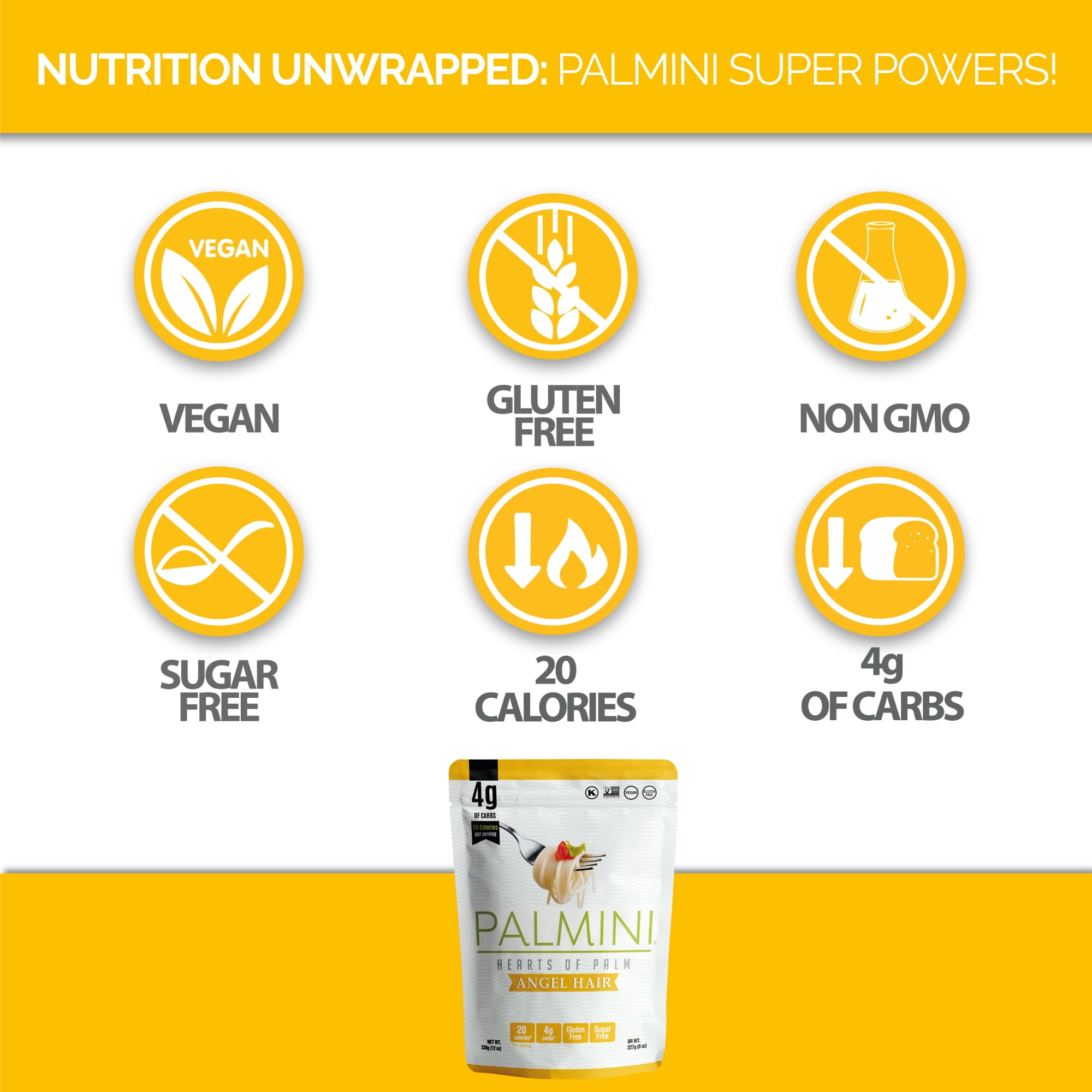 Palmini Low Carb Hearts of Palm Angel Hair Pasta, 12 oz – Non-GMO, Vegan, Sugar Free, Gluten Free, Kosher, Shelf-Stable
