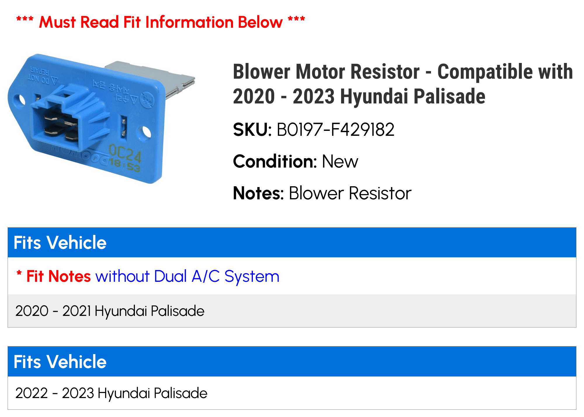 Blower Motor Resistor - Compatible with 2020 - 2023 Hyundai Palisade 2021 2022