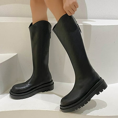 

ZMHEGW Boots For Women Casual Flat Heel Platm Back Zipper Solid Color Knee Shoes