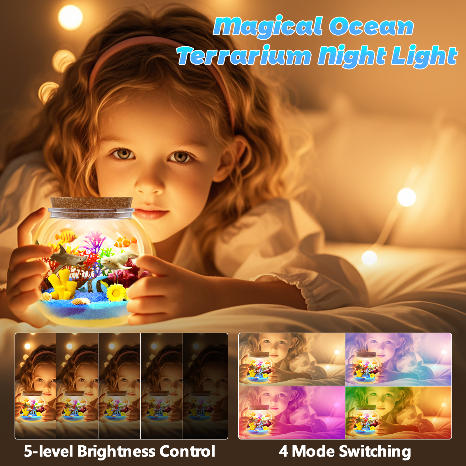 Ocean Light Up Terrarium Craft Kit for Kids - LED Night Light Birthday Gift for Boys & Girls Ages 4 5 6 7 8-12, Ocean Themed Toys for Kids