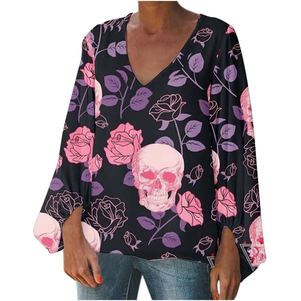 Mujer Otoño Invierno Casual Sexy Moda Camisa Halloween Impreso Manga Larga Puff Cuello V Jersey Top Fridja fjkfkj7669