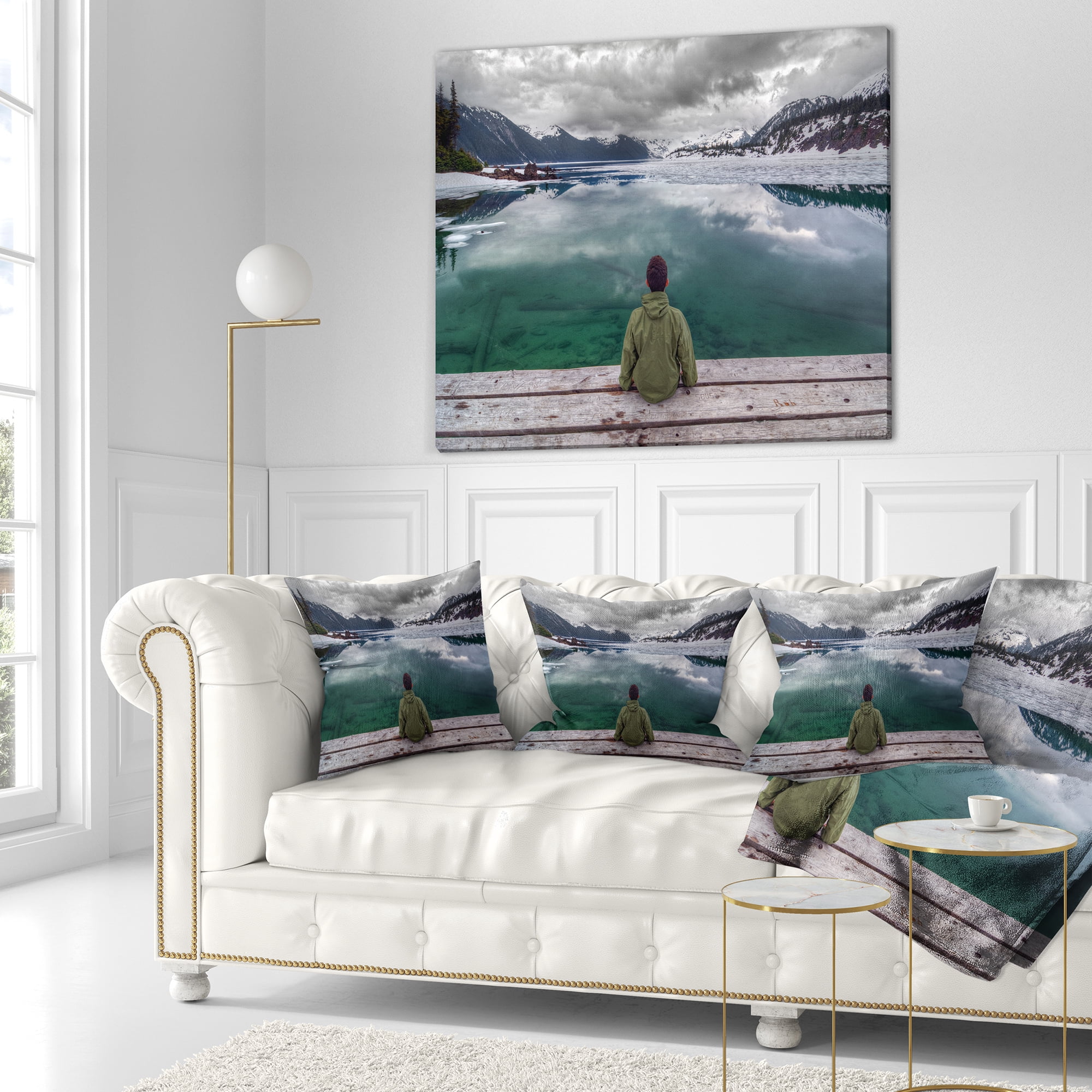 Designart Boy Looking at Clear Mountain Lake - Landscape Printed Throw Pillow - 16x16