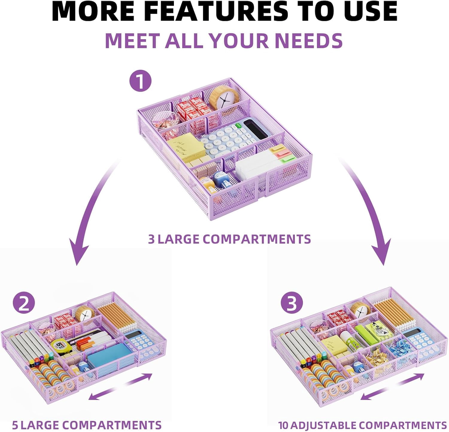 Expandable Desk Drawer Organizer, Mesh Drawer Organizer Tray with 10 Adjustable Compartments, Desk Organizers and Accessories for Office Supplies, Makeup & Vanity (Expandable-Purple 2 pack)