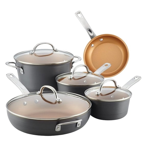 Curry Kitchenware Curry Home Collection Hard Anodized Nonstick Cookware Pots and Pans Set, 9 Piece, Charcoal Gray