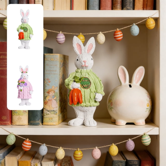 Figurita de resina decorativa de conejo de Pascua – Rosa, Verde • Adorno de mesa de 15x6,5 cm • Regalo para jardín y salón • Adorable decoración navideña para el hogar