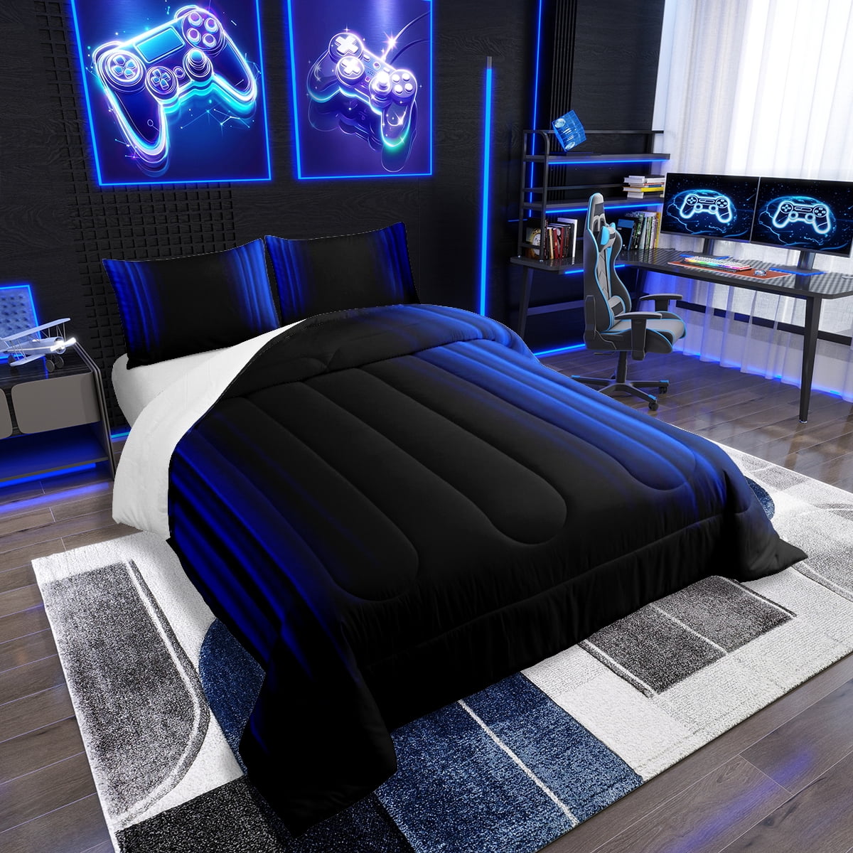 Geometrische Bettwäsche Für Kinder/Teens – Blau-schwarzes Ombré-Design, 3-teilig, Doppelbett-Größe