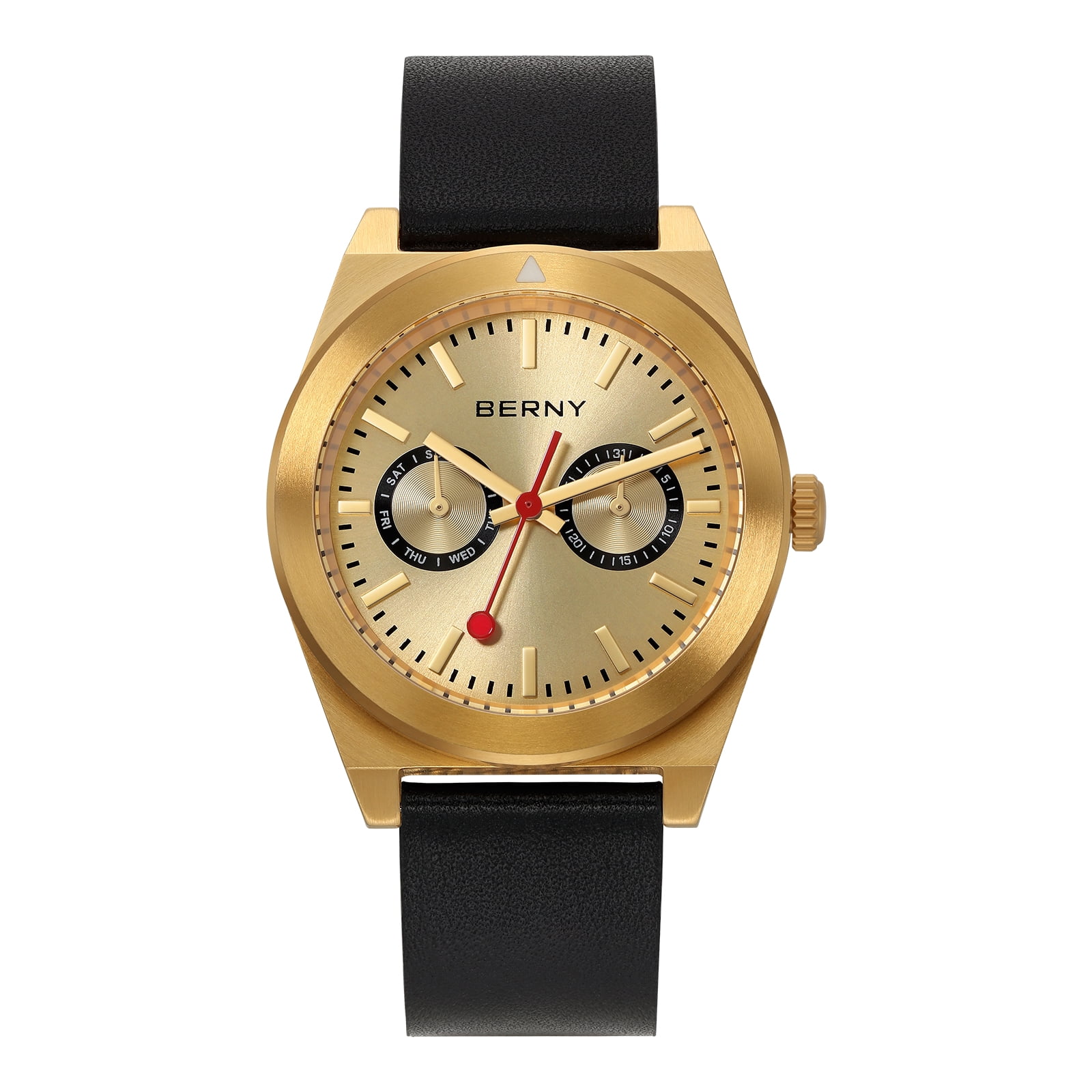 BERNY Gold Watches for Men, Classic Vintage Quartz Analog Watch with Day & Date Calendar, Leather Strap, Stainless Steel, Luminous, Waterproof, Fashion Sport Casual Men's Wristwatch (Gold)