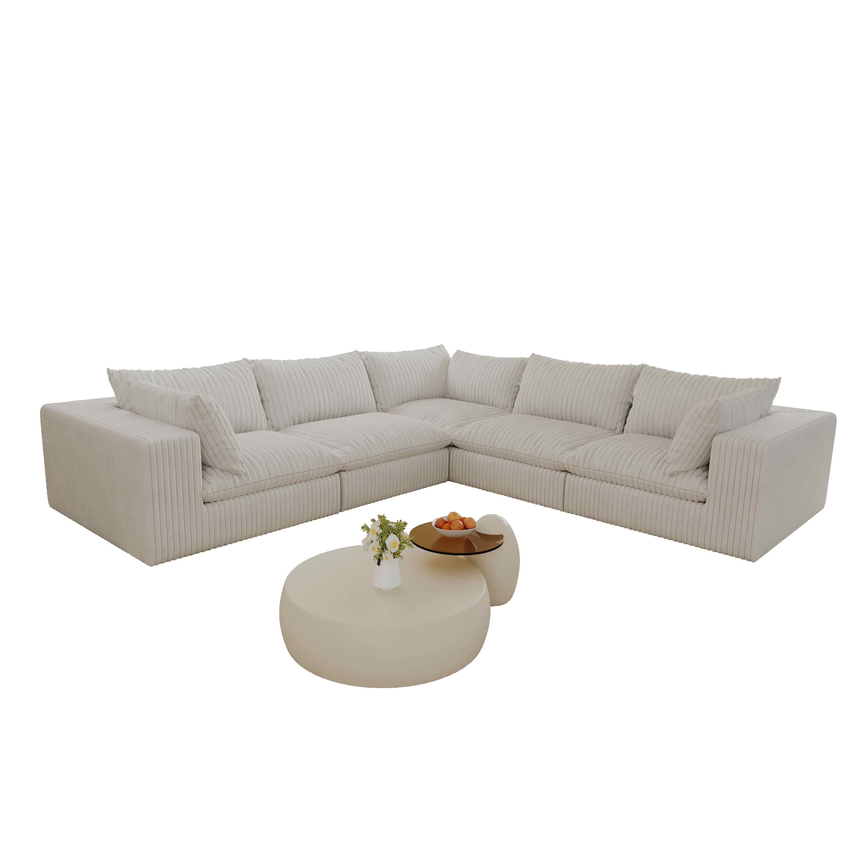 MAYEERTY 118.2" Cloud Corduroy Sofa, Deep Seat Double-Layer Design, Removable Cushion No Assembly, DIY Combination, White