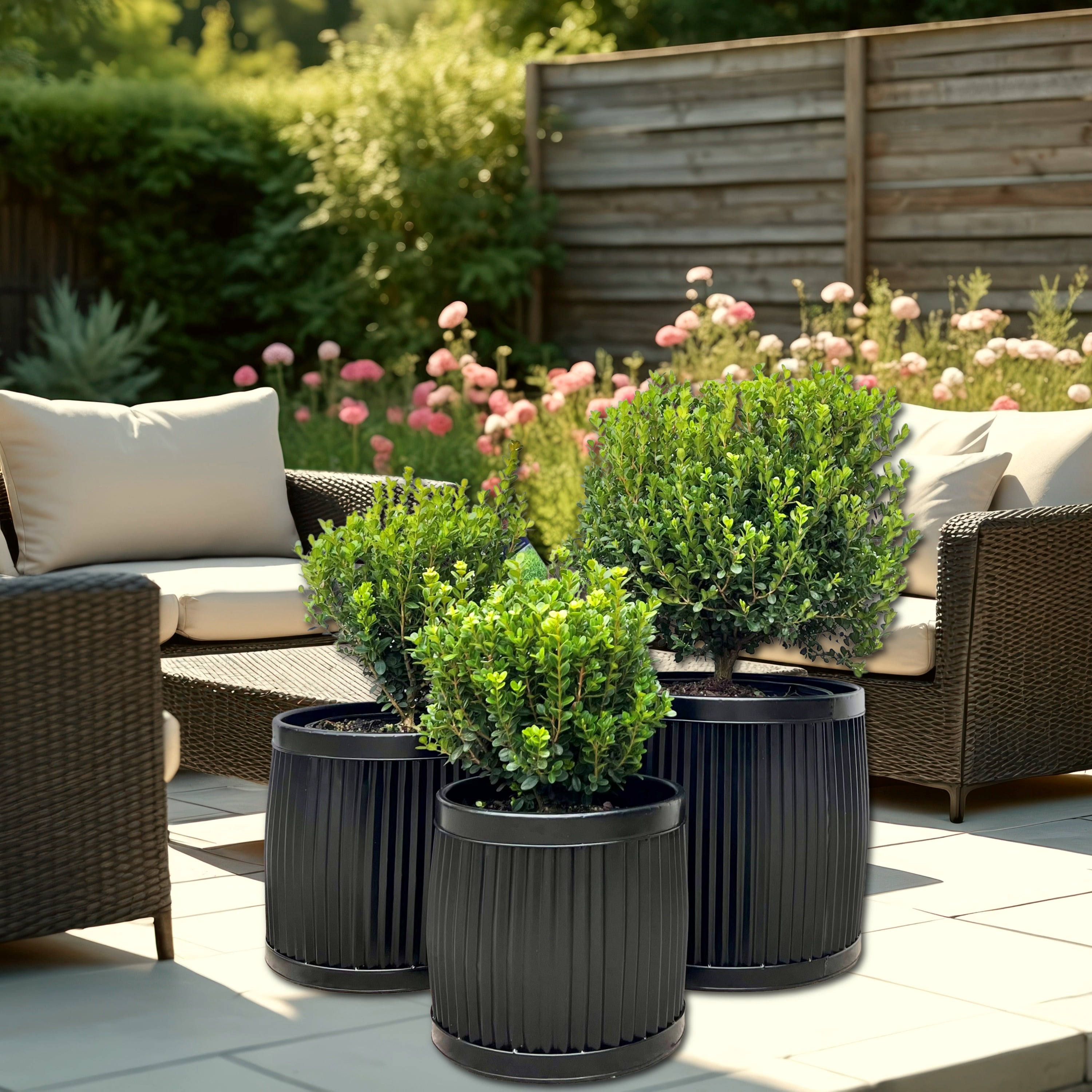 WHW Whole House Worlds Large Capacity French Country Style Belly Bucket Planters, Round, Set of 3, Galvanized Metal, Black, Corrugated Cache Pots, Rustic