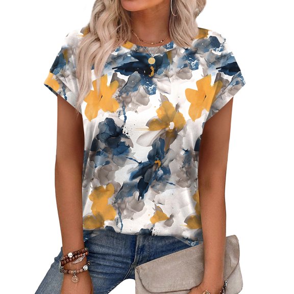 Ronuti Womens Printed Style Tops Short Sleeve Shirts Crew Neck Cute Trendy Basic Tunic