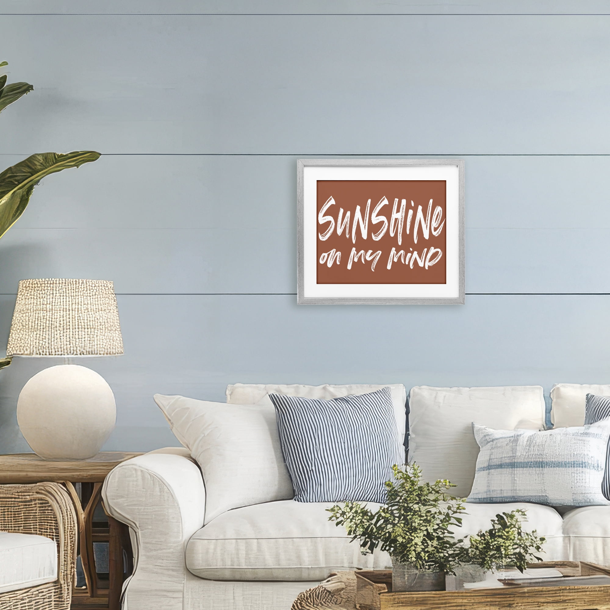 Sunshine State Of Mind Brown Gray Framed Print Under Glass, design by Lettered and Lined