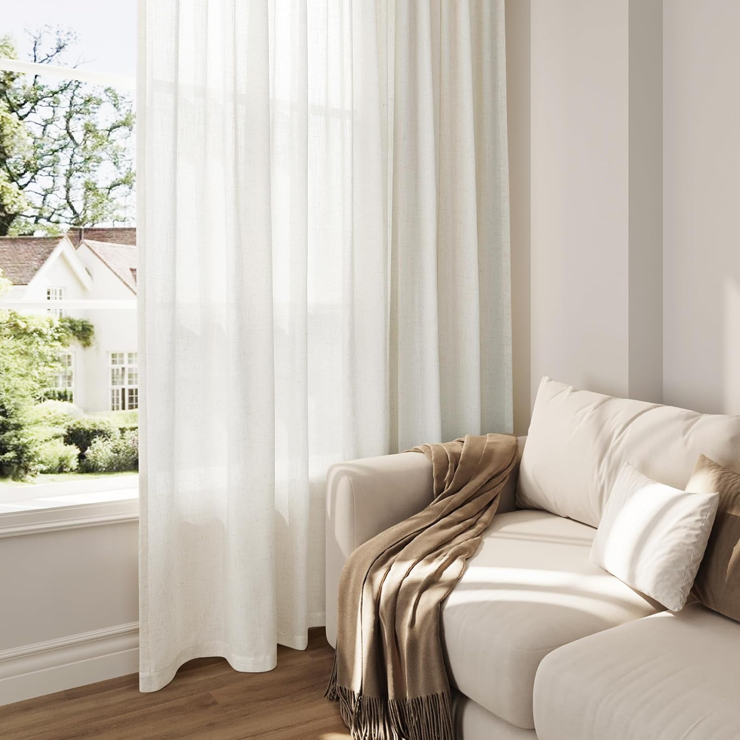 Linen Curtains 96 Inches Long for Living Room 2 Panels Back Tab Modern Farmhouse Light Filtering Soft Linen Draperies Privacy Boho Long Curtains for Bedroom Dining Ivory Cream W52 x L96