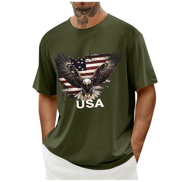 Tops para hombre, blusas y camisas de cuello redondo y manga corta para hombre. Top/camisa de cuello redondo y manga corta con estampado del Día de la Independencia para hombre. Tops para hombre.