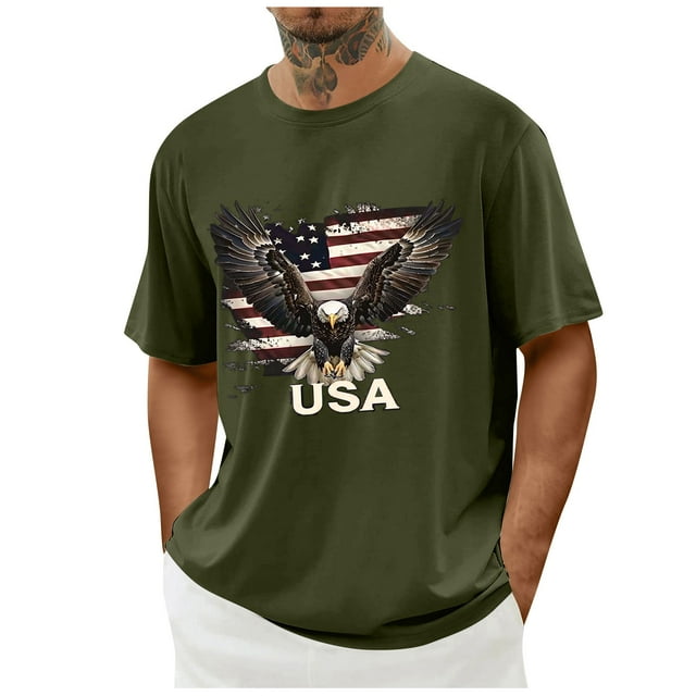 Tops para hombre, blusas y camisas de cuello redondo y manga corta para hombre. Top/camisa de cuello redondo y manga corta con estampado del Día de la Independencia para hombre. Tops para hombre.