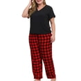 thumbnail image 3 of Sherrylily Women Plus Size Pajamas 2 Piece Set V-Neck Short Sleeve T Shirt Plaid Lounge Pants Sleepwear, 3 of 6