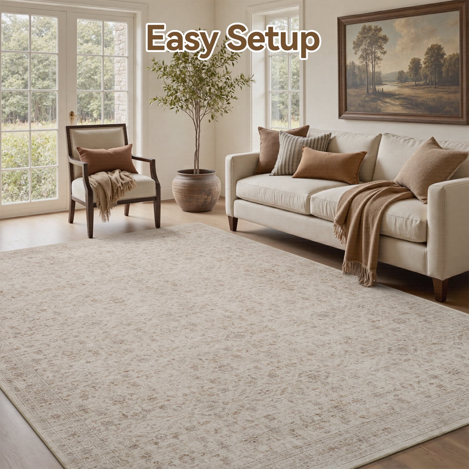 SIXHOME 8'x10' Vintage Distressed Area Rug Soft Washable Non-Slip Carpet American Classic Retro Rug with Geometric Rugs for Living Room Bedroom Neutral Home Decor Beige