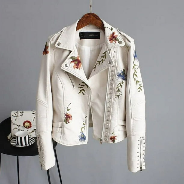 Women Floral Print Embroidery Faux Soft Leather Jacket Coat Turn