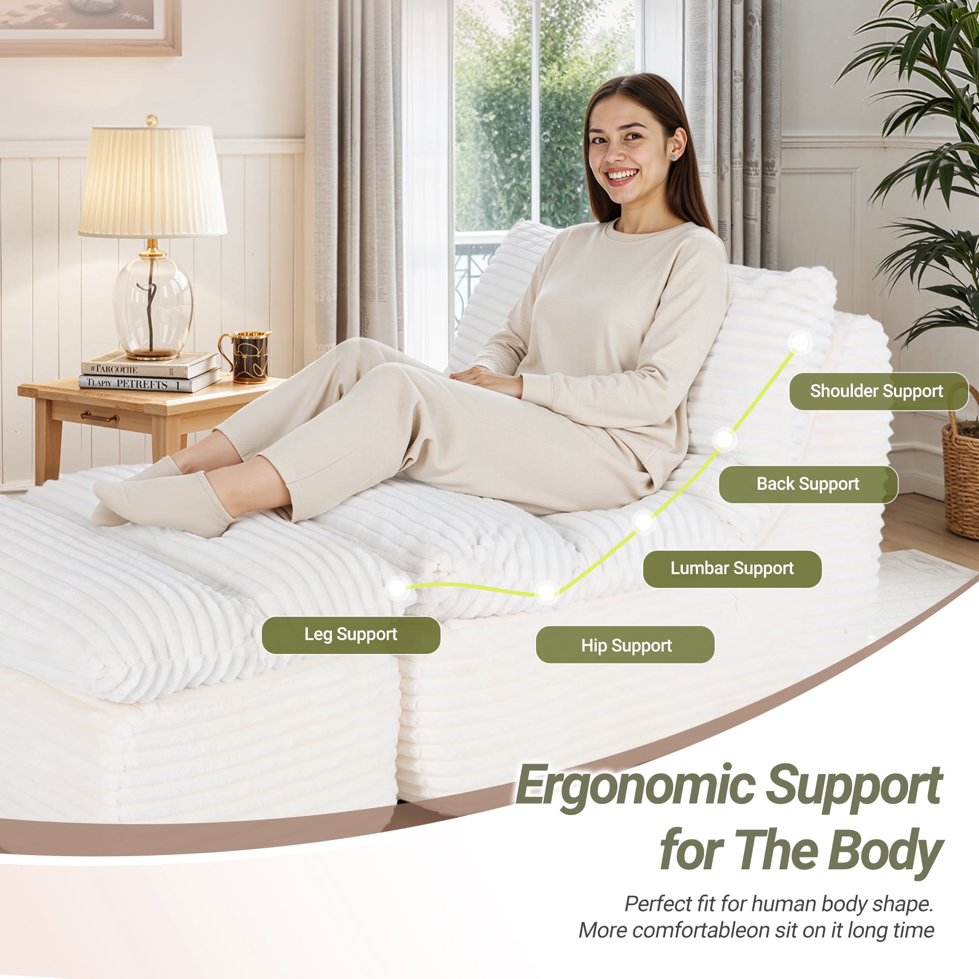 EOP Big Bean Bag Lounger Chair, Chaise Lounge Chair Indoor, Comfy Upholstered Sleeper Sofa Bed with Compressed Memory Foam, No Assembly Required, Beige