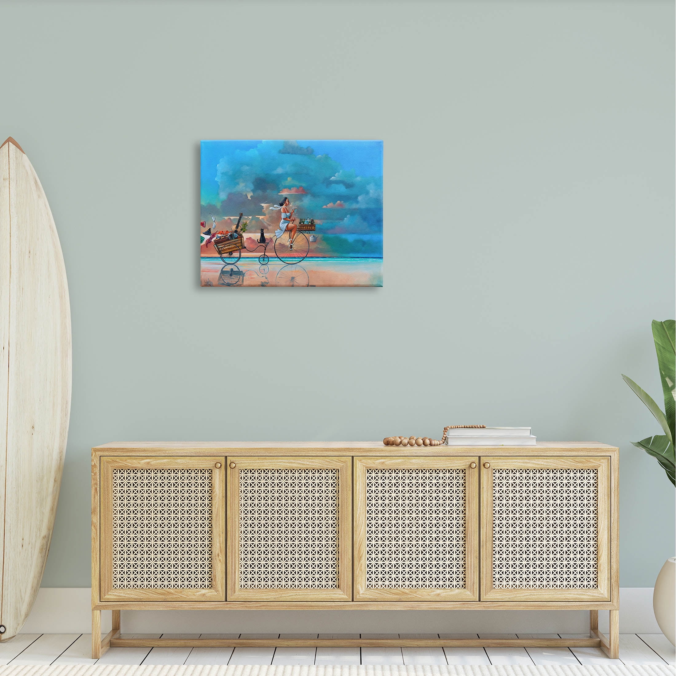 Summer Beach Bike Ride Reflection Coastal Painting Gallery Wrapped Canvas Print Wall Art