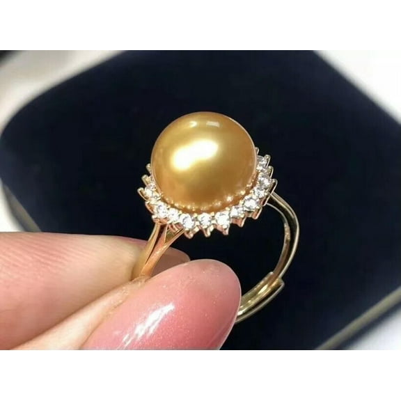 EOEMY New Aaa 9-10mm Genuine Natural South Sea Golden Stud Pearl Ring Adjustable