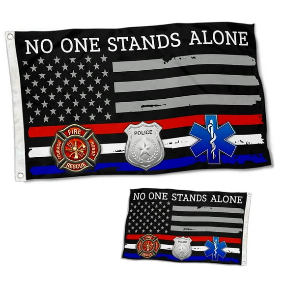 Double Sided Firefighter EMT Police Flag No One Stands Alone First Responder Flag Banner with Brass Grommets 3x5 Feet